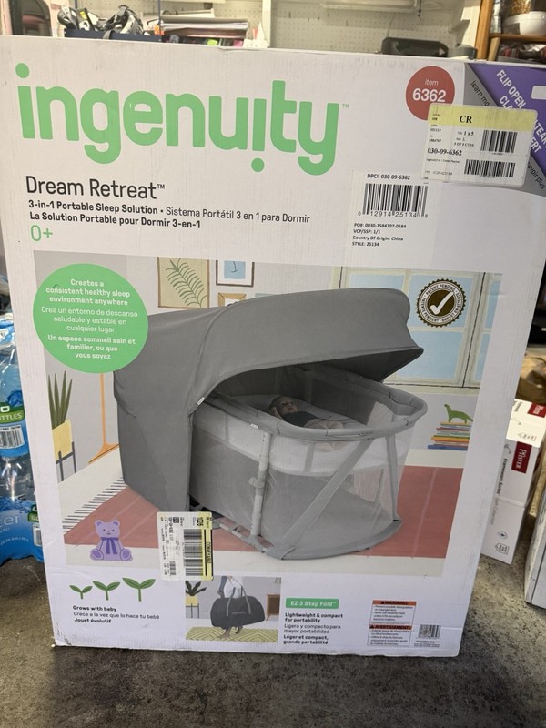 Ingenuity Dream Retreat 3-in-1 Portable Play Yard Bassinet Shade Gray Bag
