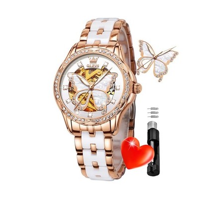 OLEVS Automatic Watch for Women Luxury Diamond Rose Gold Ladies Self Winding ...