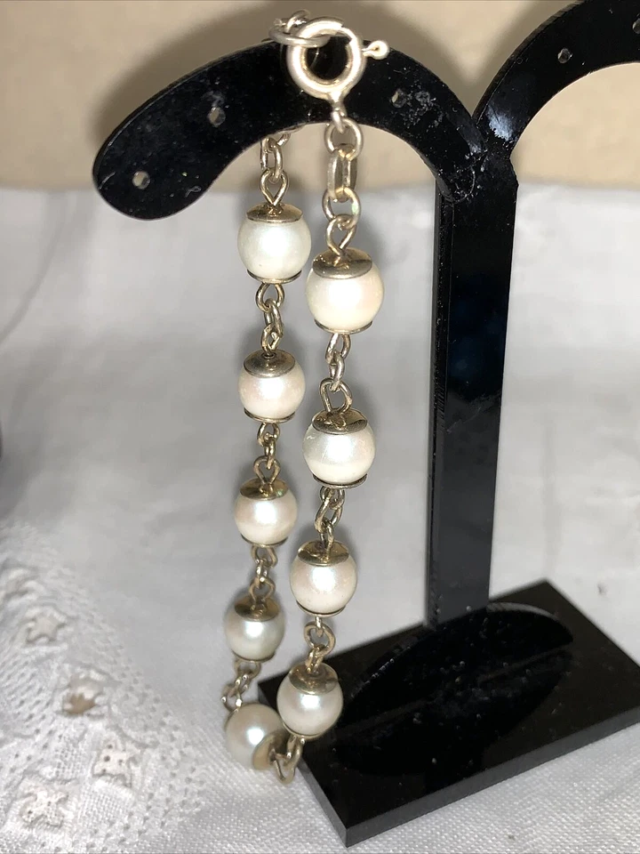 BRACCIALE ANNI 70 IN ARGENTO PL. ORO GIALLO E PERLE DI SINTESI LUNGO CM 19 - Immagine 2 di 4