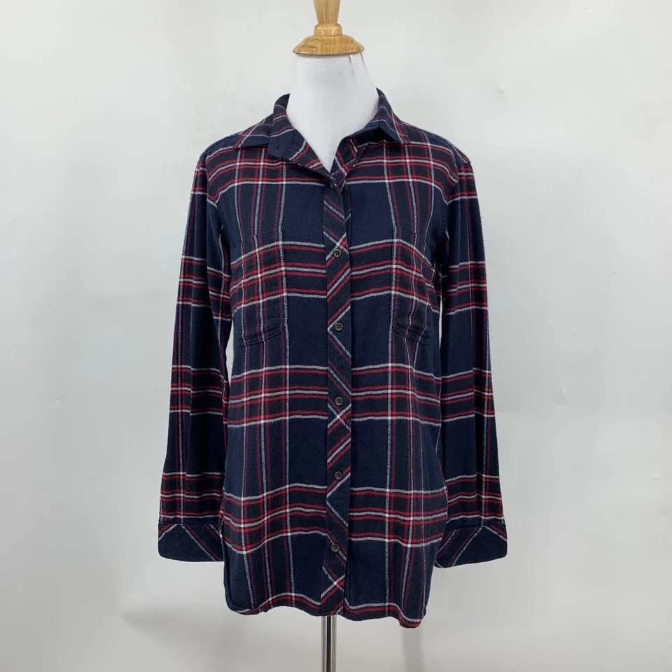 Camisa Athleta Para Mujer 2XS XXS Azul Marino Rojo Madera Franela Escocesa Dobladillo Cola Caída Foto 2 de 4