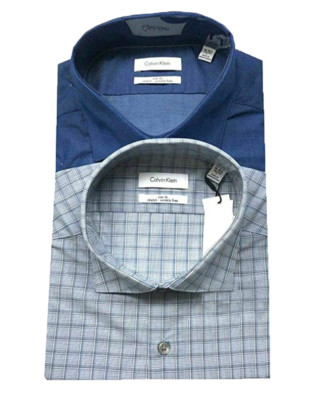 Calvin Klein Men's 2 PK Slim Fit Stretch Wrinkle Free Dress L/S Shirts Blue  | eBay