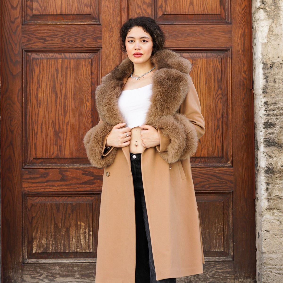 Women's Camel Cashmere Coat with Fox Fur Collar and Cuffs - Luxury