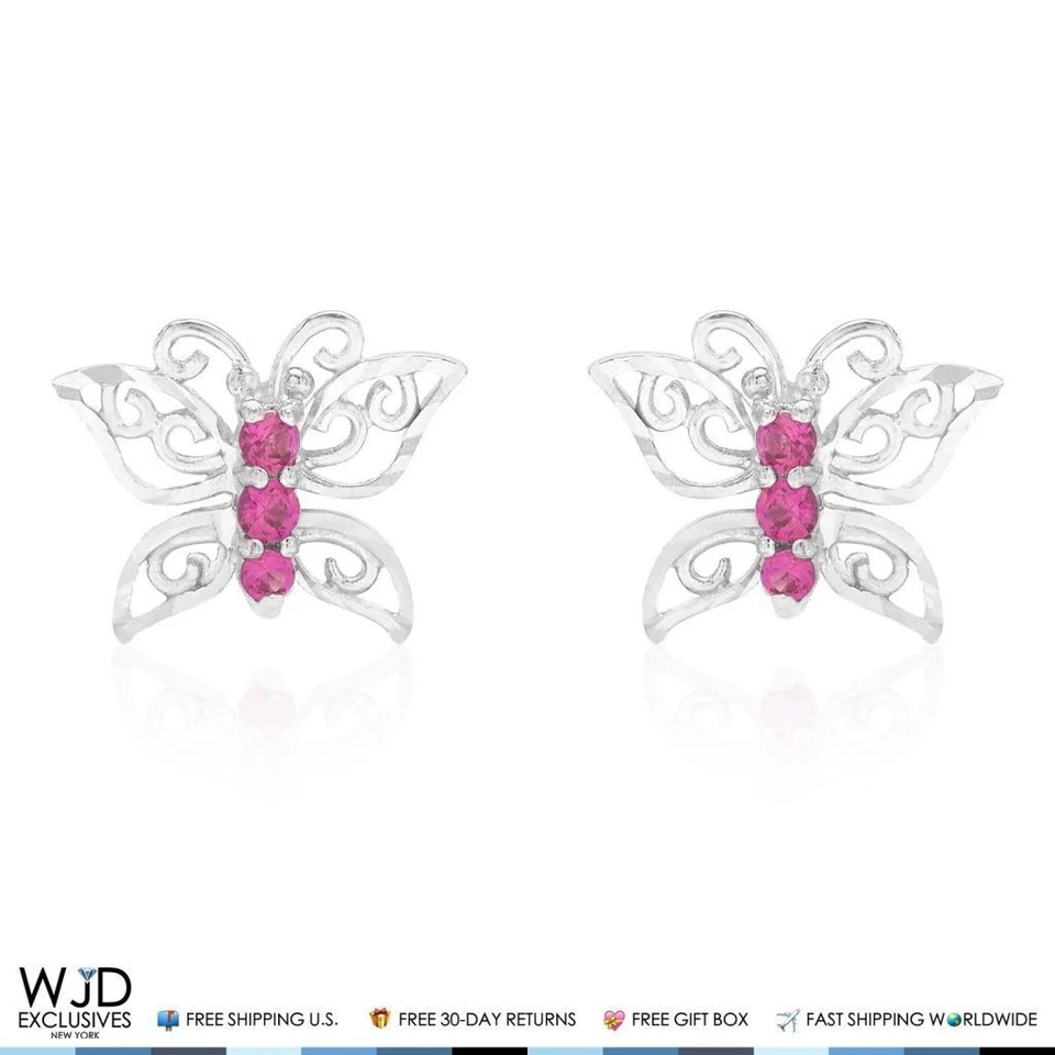 14K White Gold Diamond-Cut Simulated Ruby Butterfly Screw Back Stud Earrings - Image 3 of 4