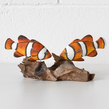 Clownfish on Coral Teak Root Wood Base Driftwood Fish Ornament Sculpture Decor