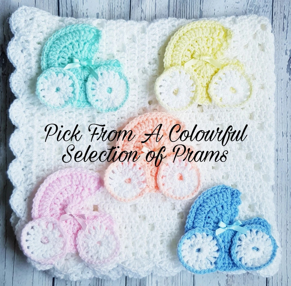 Manta de bebé de crochet | Hecha a mano | Blanca con cochecito | 25"x25"" | Envío gratuito en el Reino Unido  Foto 2 de 3