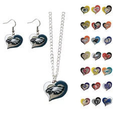 New 3pc NFL Pick Your Team Swirl Heart Necklace and Earring Fashion Jewelry Set