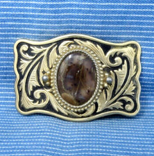 Western Scroll Belt Buckle Unique Stick Agate Cowboy Cowgirl Vtg 80s .TYC301