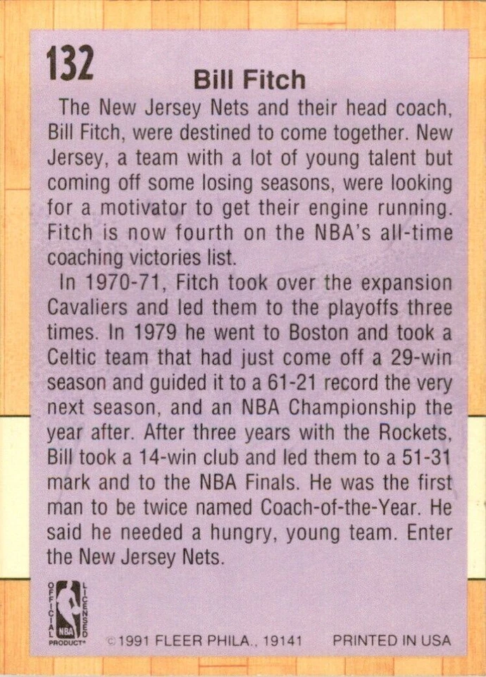 1991-92 Fleer Bill Fitch . New Jersey Nets #132 - Image 2 of 2