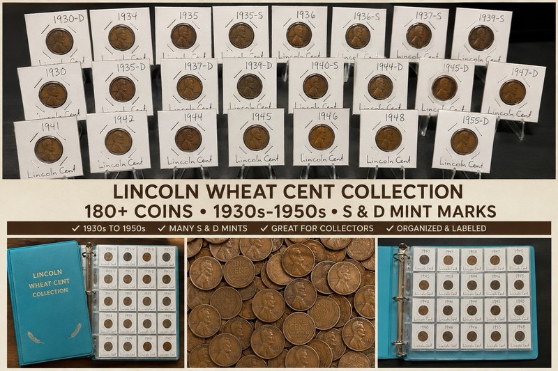 Lincoln Wheat Cent Collection Lot 180+ Coins 1930s-1950s S & D Mint Marks