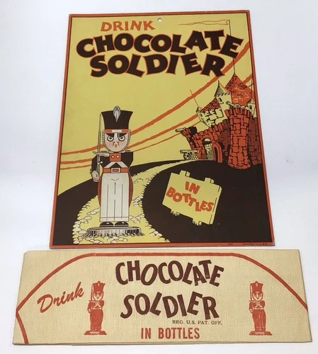 Vintage 1950’s Chocolate Soldier Drink 9x12” Sign & Paper Soda Jerk Hat Soda Pop