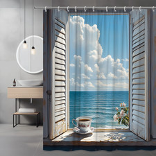Ocean View Window Shower Curtain, Coastal Beach Scene Teacup Seaside Sunrise