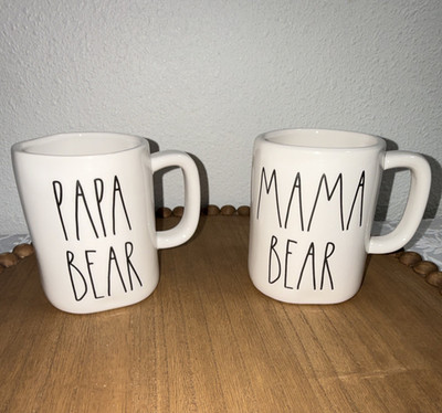 Rae Dunn Papa Bear & Mama Bear 2-Pc White Ceramic Coffee Mug Set 16 oz