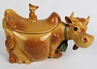 Vintage McCoy Pottery Brown Cow with Cat on Back - Brush USA W 10 Cookie Jar