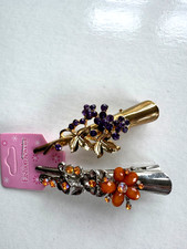 Lot of 2 - 3" Alligator Hair Clips Gold Purple and Silver Orange Rhinestones