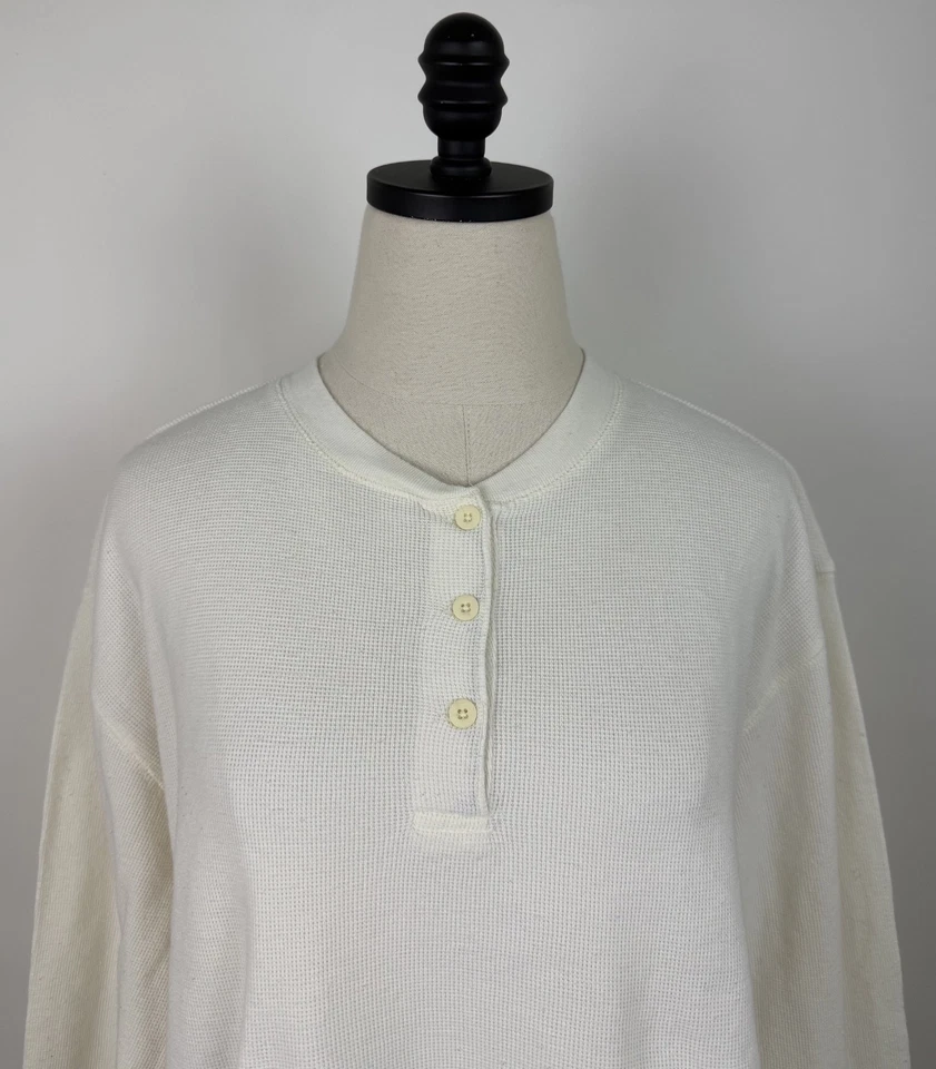 Vintage 90s Henley Shirt Womens Medium Ivory Waffle Knit Top Minimalist Workwear - Imagem 2 de 4