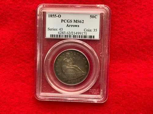 1855-O LIBERTY SEATED SILVER HALF DOLLAR w/arrows PCGS MS-62 !!!
