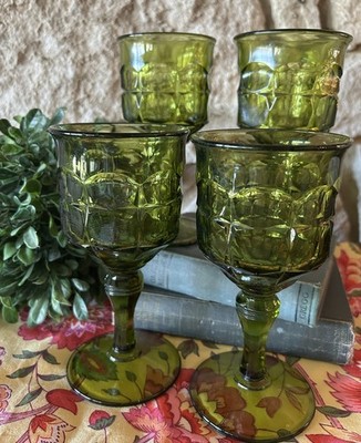 4 Vintage Indiana Glass Constellation Green Water Wine Glasses Goblets 7'' Stem