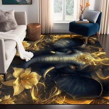 African Elephant Area Rug Opulent Gold Flowers Rugs for Living Room Bedroom O...