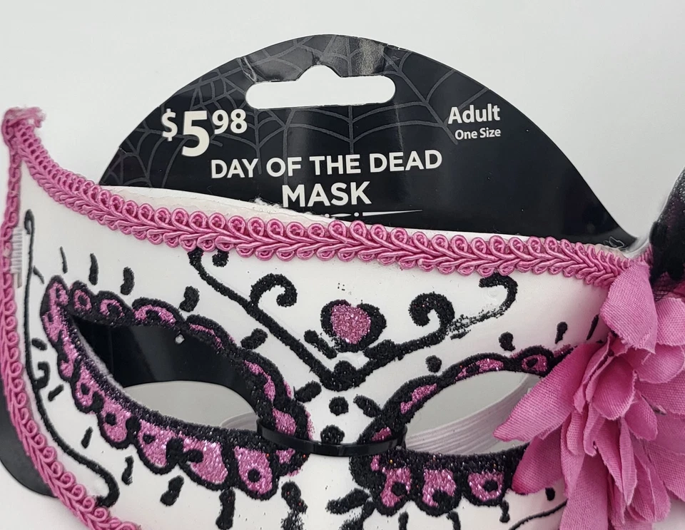 Day of the Dead Adult Halloween Pink & White Masquerade Mask - New - Image 2 of 3