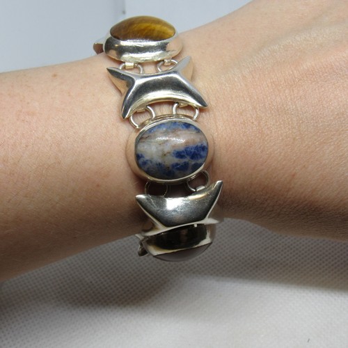 Vintage Mexico Sterling Silver Multi-Stone Cabochon XO Bracelet TD-102 - ~6.75 i - Picture 10 of 11