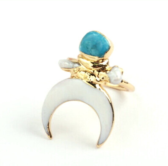 Sale Crescent Moon Ring Natural Shell Turquoise Gold Pl. Statement Bohemian Chic