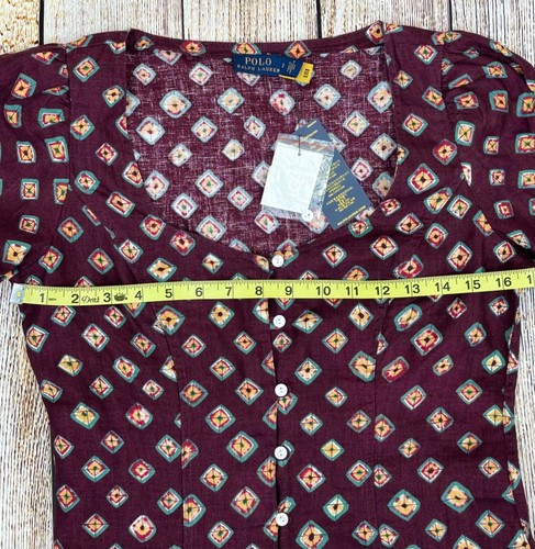 Polo Ralph Lauren Blouse Women’s Size 2 Block Print Linen Button Front Top NWT - Picture 4 of 7