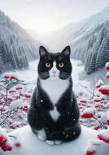 Tuxedo Black/White Cat Winter Berries Flag