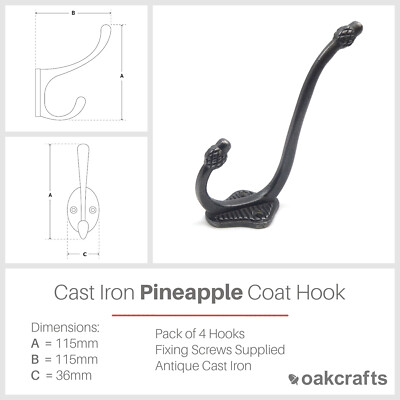 Oakcrafts - antiker Hut- und Kleiderhaken aus Gusseisen mit Ananasspitze 115 mm - 4er Pack