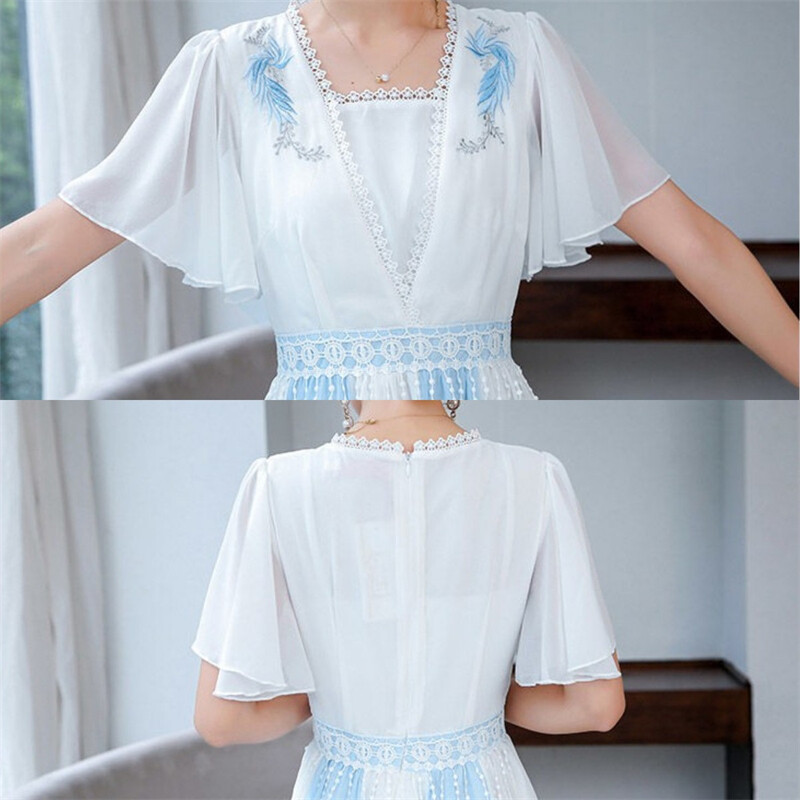 Lady Chinese Midi Dress Floral Embroidery Mesh Short Ruffle