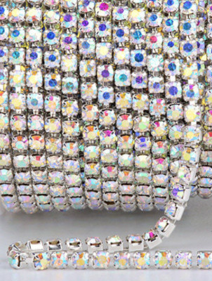 PRECIOSA SS18 CRYSTAL AB & CRYSTAL RHINESTONE  SILVER CUP CHAIN 25 YARDS SPOOL