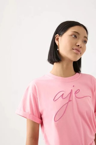 Aje Womens Claudel Short Sleeve T-Shirt Embroidered Logo Crew Tee Casual Top S/8 - Picture 2 of 5