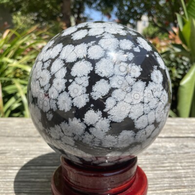 9.7LB 5.5'' Natural Snowflake Obsidian Sphere Quartz Crystal Healing Ball Reiki 
