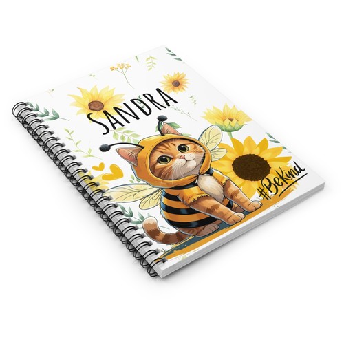 Cute Spiral Notebook - Cat dressed in bumblebee outfit - Sunflowers - Ruled - Picture 4 of 5