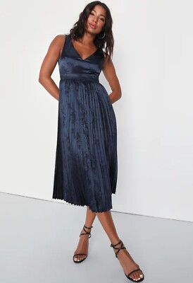 NWOT Lulus Navy Blue Satin Backless Pleated Midi Dress Size XL | eBay