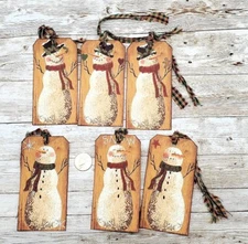 6-Christmas-Primitive-Farmhouse-Rustic Jolly-Snowman-Linen Cardstock-Gift-Tags