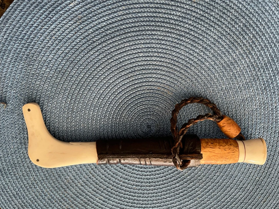 Raro Antiguo Club de Pesca Billy Wacker, Cuerno Tallado con Mango de Cuero Cuchillo Foto 3 de 4