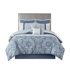 Luxe Quilted Comforter Set Modern Transitional California King Scrollwork Blue