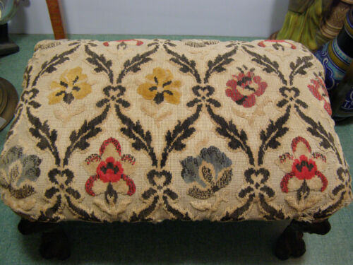 Antique Lions Head Cast Iron Foot Stool Rest Stand Small Bench Step Fabric Top - Picture 2 of 12