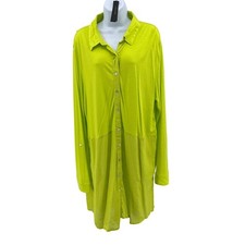 Tahari Shirt Dress WMNS XL Lime Green Button Up Roll Tab Long Sleeve Linen Blend
