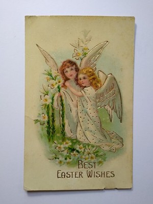 Antique Gel Finished Easter Postcard Two Angels Gilded Flowers German B.W. 1900s