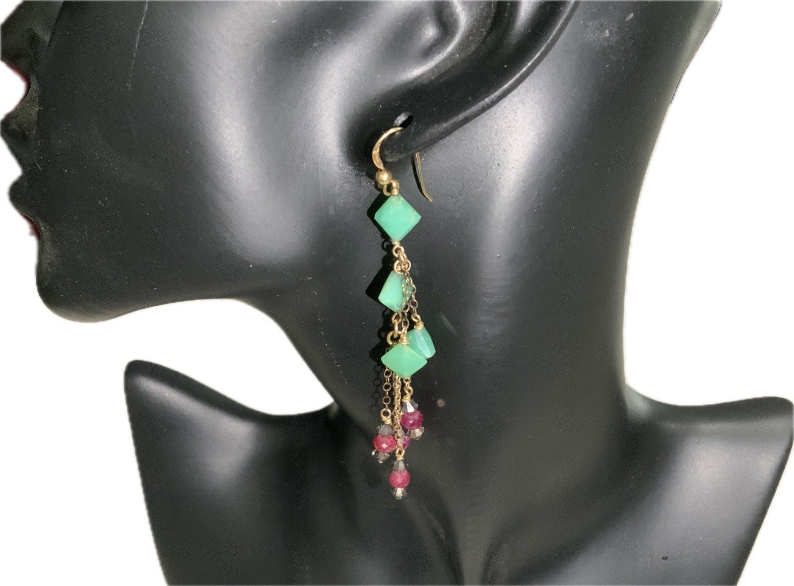 VINTAGE JADITE RUBY GEMSTONE DANGLE DROP EARRINGS… - image 3