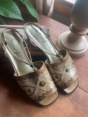 Margaret Jerrold Vintage Leather Slingback Sandals Tan Brown Geometric Size 8.5