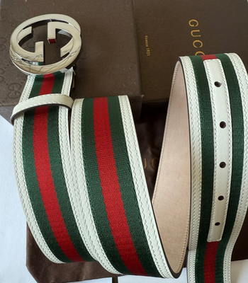 Gucci GG Interlocking Red, Green, White Stripe Leather Belt, Size