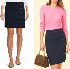 J McLaughlin Serina Stretch Pencil Skirt Winter Navy Gold Buttons Career 6