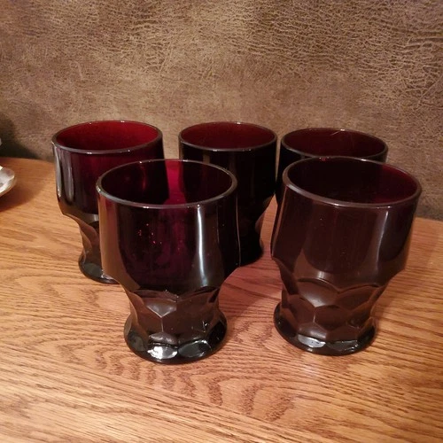 Vintage Anchor Hocking Georgian Honeycomb Ruby Red Glass Cup Tumbler Set 5