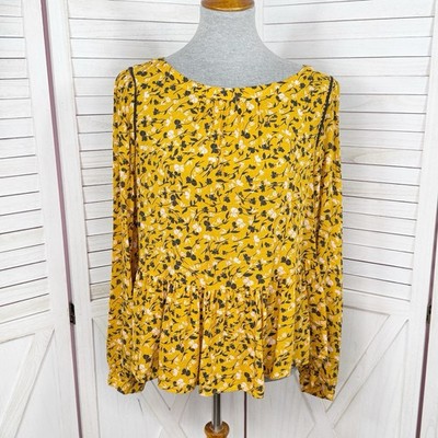 Maeve Anthropologie Cheyenne Blouse Women Medium Yellow Ditsy Floral Boho Peplum
