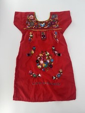 Handmade Mexican Embroidered Dress Red Floral Folk Art