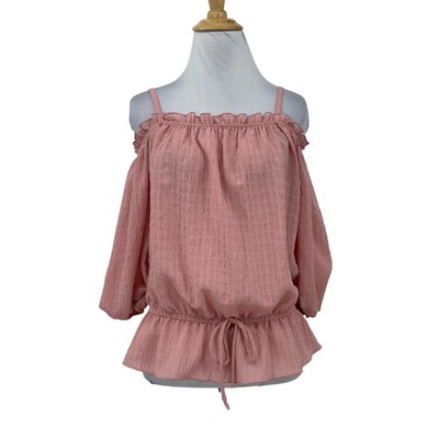 BCX Top Womens S Small Peony Pink Cold Off Shoulder Drawstring Waist Tie Peplum