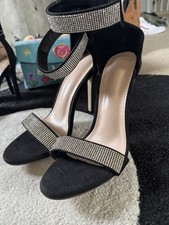 Women  s Black/Silver Strappy Stiletto Heels Open Toe Rhinestone Ankle Strap 8