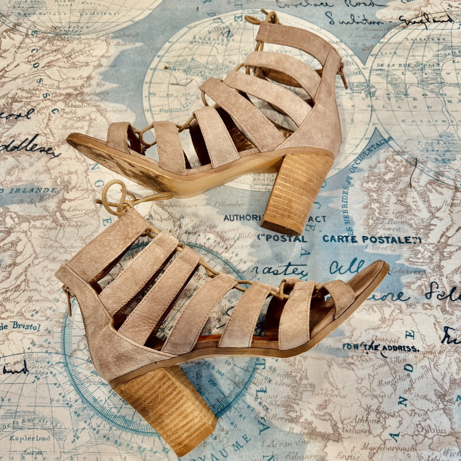 STEVE MADDEN Dayyna Beige Suede Strappy Ankle Lace Up Chunky Heel Sandals 8M
